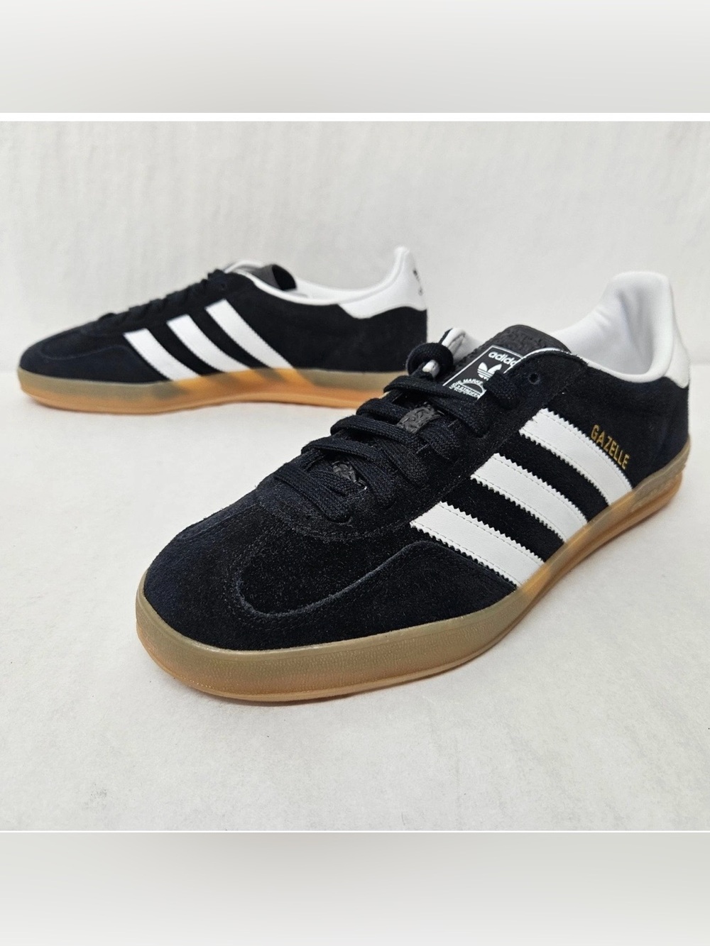 adidas Gazelle Men’s Black Suede Sneakers with White Stripes and Gum Sole